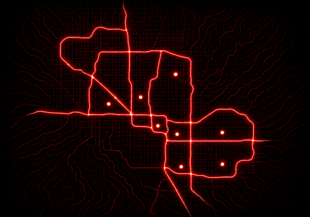 Glowing network map of the Arizona metro area featuring points of interest at Phoenix, Scottsdale, Tempe, Mesa, Gilbert, and Chandler