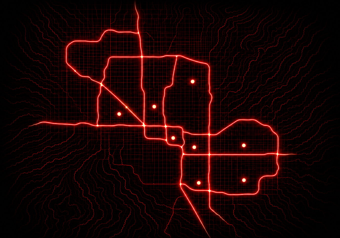 Glowing network map of the Arizona metro area featuring points of interest at Phoenix, Scottsdale, Tempe, Mesa, Gilbert, and Chandler