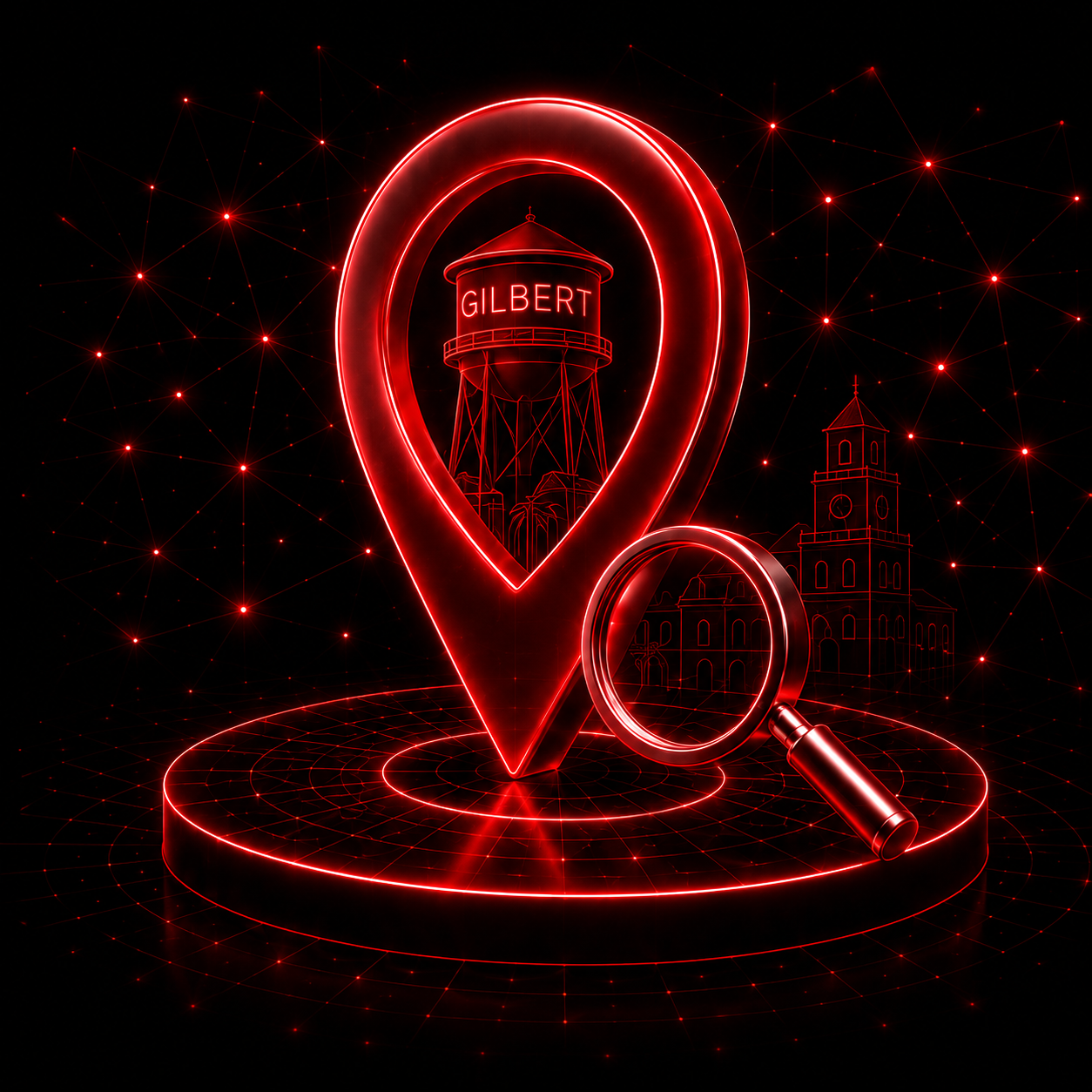 SEO in Gilbert, Arizona hero graphic with location pin and water tower